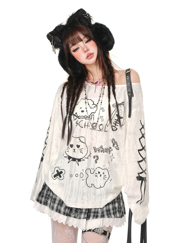 2024 Autumn Y2k Aesthetic Cartoon Printing Tops Streetwear Oversized Hole T-shirt Women Harajuku Skew Collar Grunge Tee Shirts