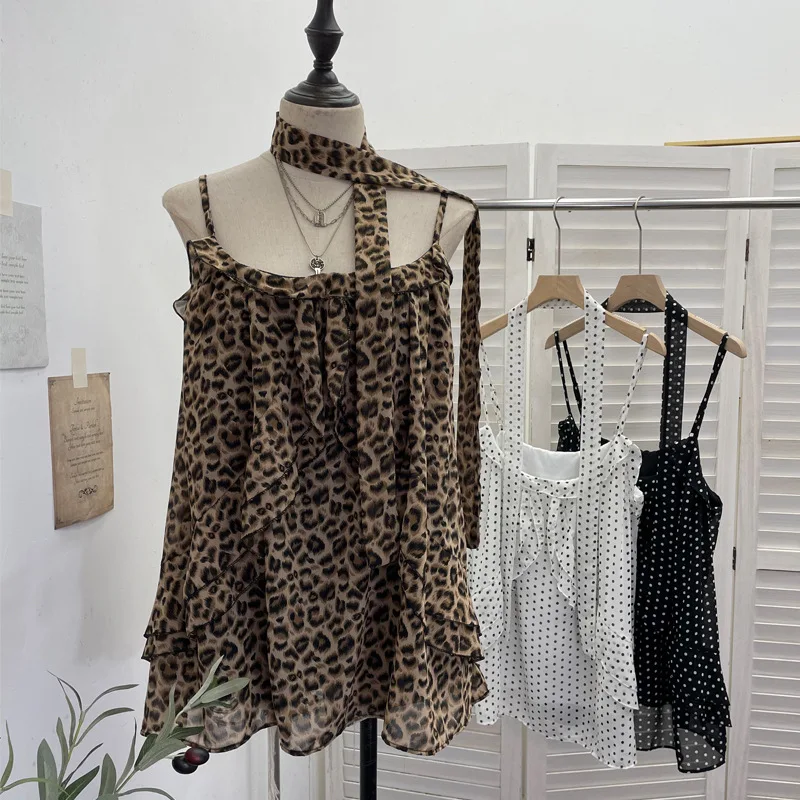 Low-cut U-neck Sexy Leopard Print Sling Vest Streamer Ruffle Edge Sleeveless Top Female