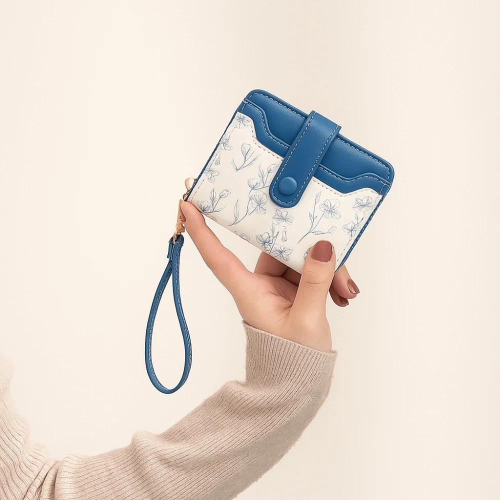 Floral Print Mini Coin Purse Bag Zipper Pouch Multi Function PU Leather Short Wallet Korean Ins Fashion ID Credit Card