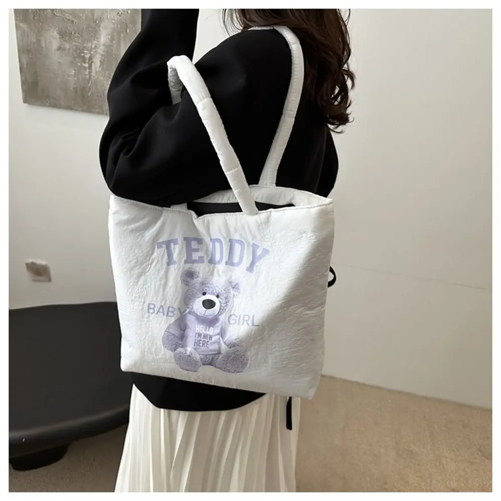 Casual Down Cotton Padded Shoulder Bags Lightweight Large Capacity Quilted Totes Cute Cartoon Shopping Bag for Women Girls