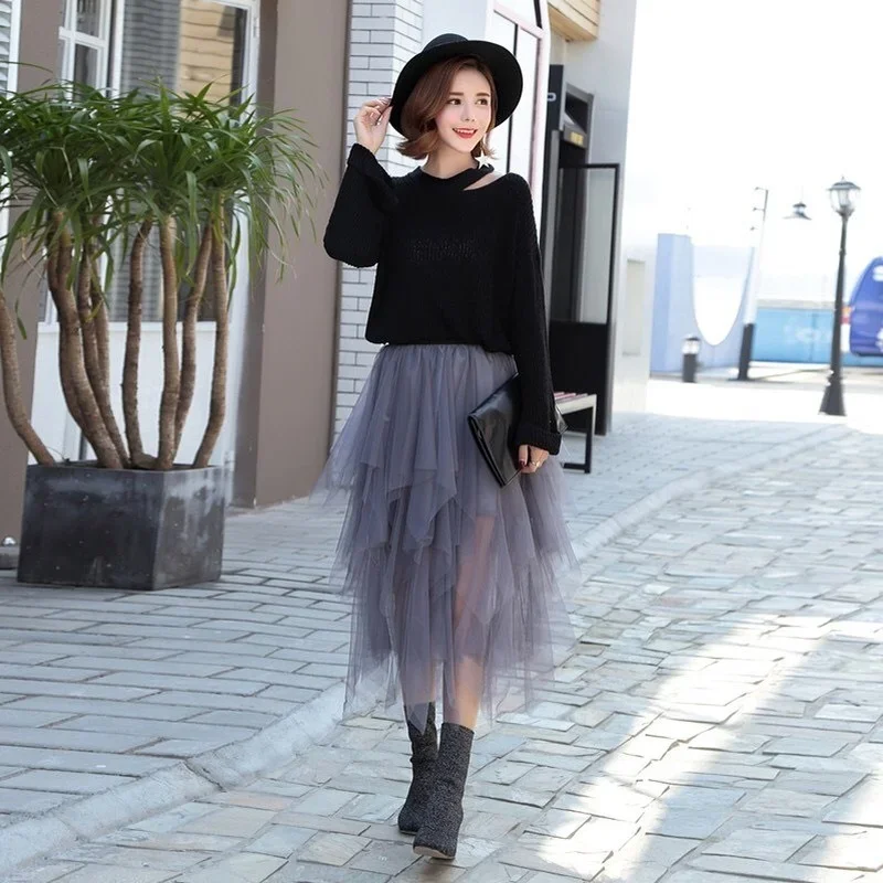 Grey Mesh Ball Gown Spring 2023 Women Fluffy Pink Tulle Skirts Vintage Sexy Elegant Evening Party Club Cute Girls Pleated Skirt