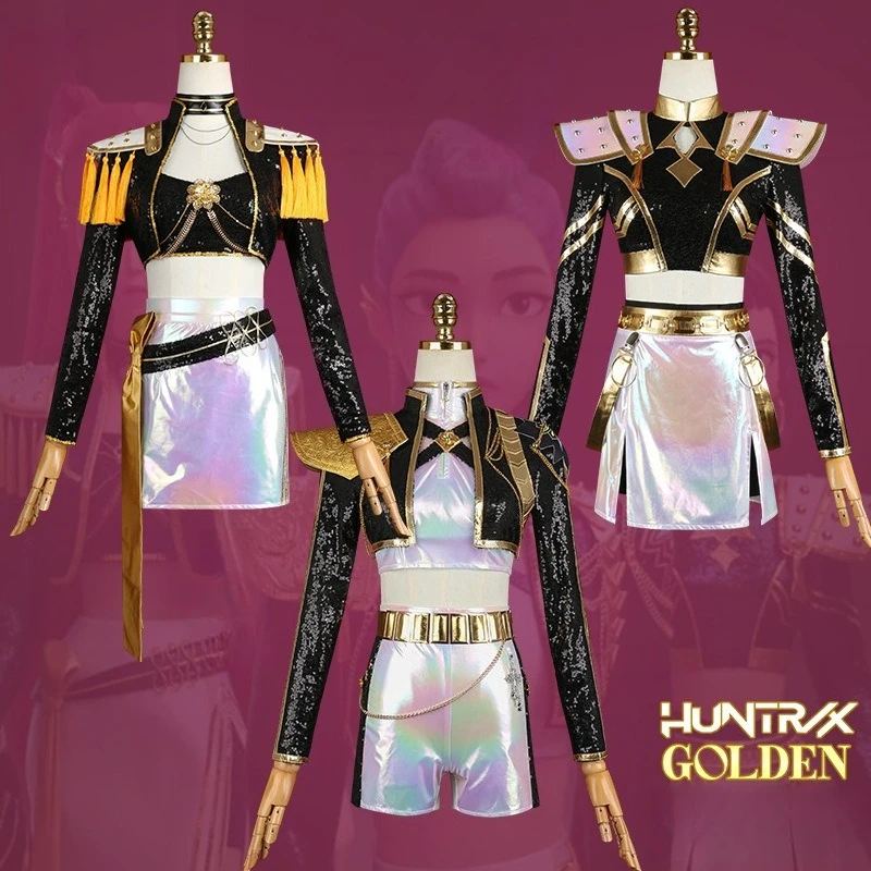 

Kpop Demon Hunters Laser Косплей Костюм, Руми Мира Зои черное золото униформа для детей и взрослых на Хэллоуин