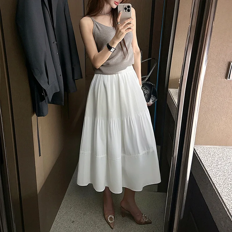 White flared skirt for women2026Summer new high-waisted pleated designaA-line skirt for petite figures, slimming mid-length umbr