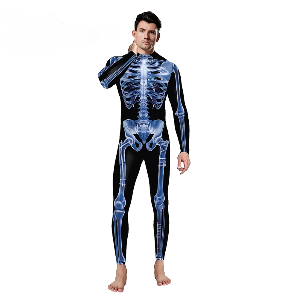 Disfraces de Cosplay de Halloween para mujeres y hombres, mono estampado de esqueleto, monos de rendimiento Zentai, traje de fiesta de Purim