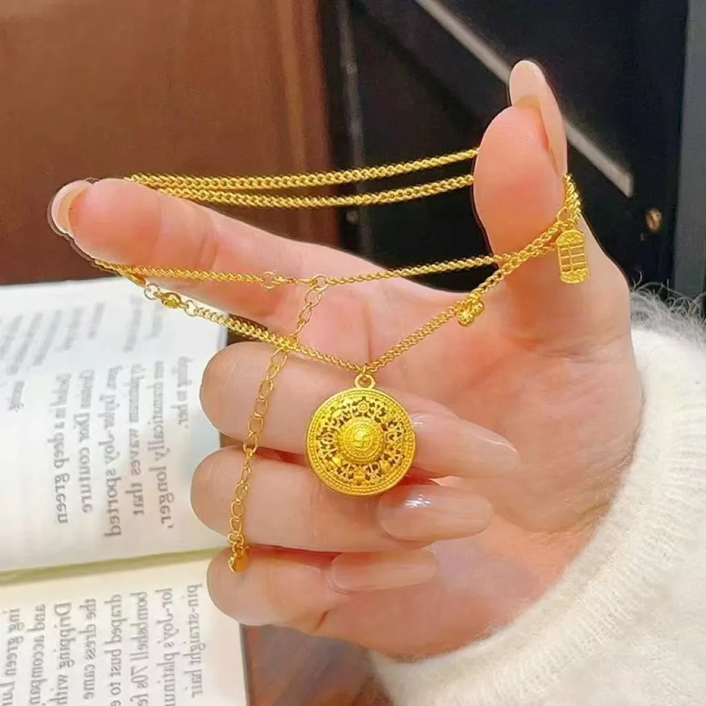

Luxury 24K 9999 Pure Gold real gold Women's Barui Lucky Hollow Disc Pendant Clavicle Chain