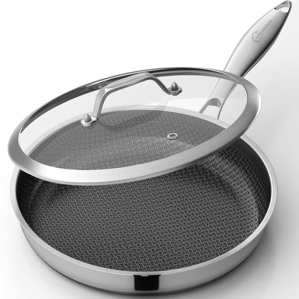 

12 Inch Nonstick Frying Pan Skillet with Lid, Ceramic Coating, Tri-ply Stainless Steel, Induction Compatible, Oven Safe to 600°,