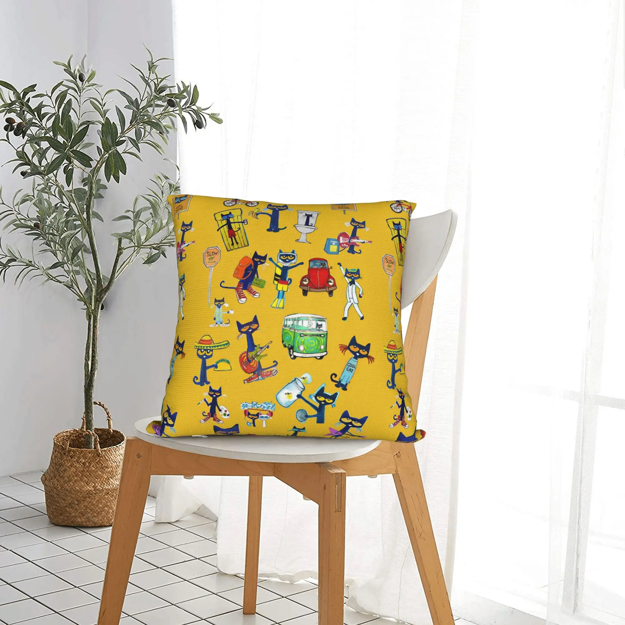 Petes the Cat  Square Pillow Covers Polyester Car Kitten Cushion Case Cute Decor Pillowcase 40*40