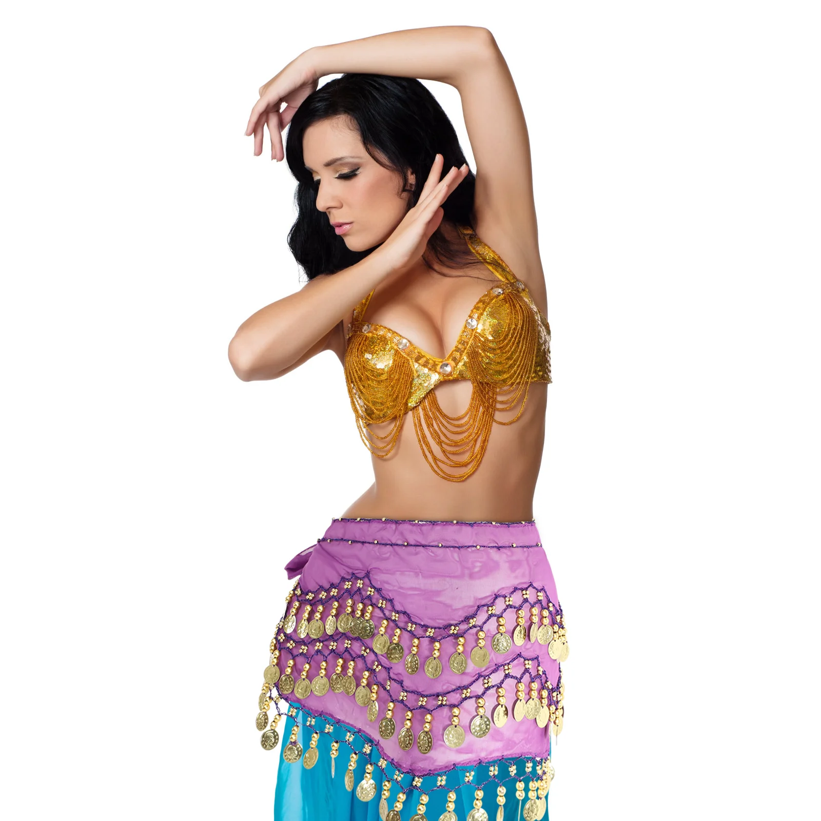 Women Chiffon Dangling Hip Scarf 3 Rows 128 Coins Wrap Belt for Belly Dancing (Purple) belly skirt