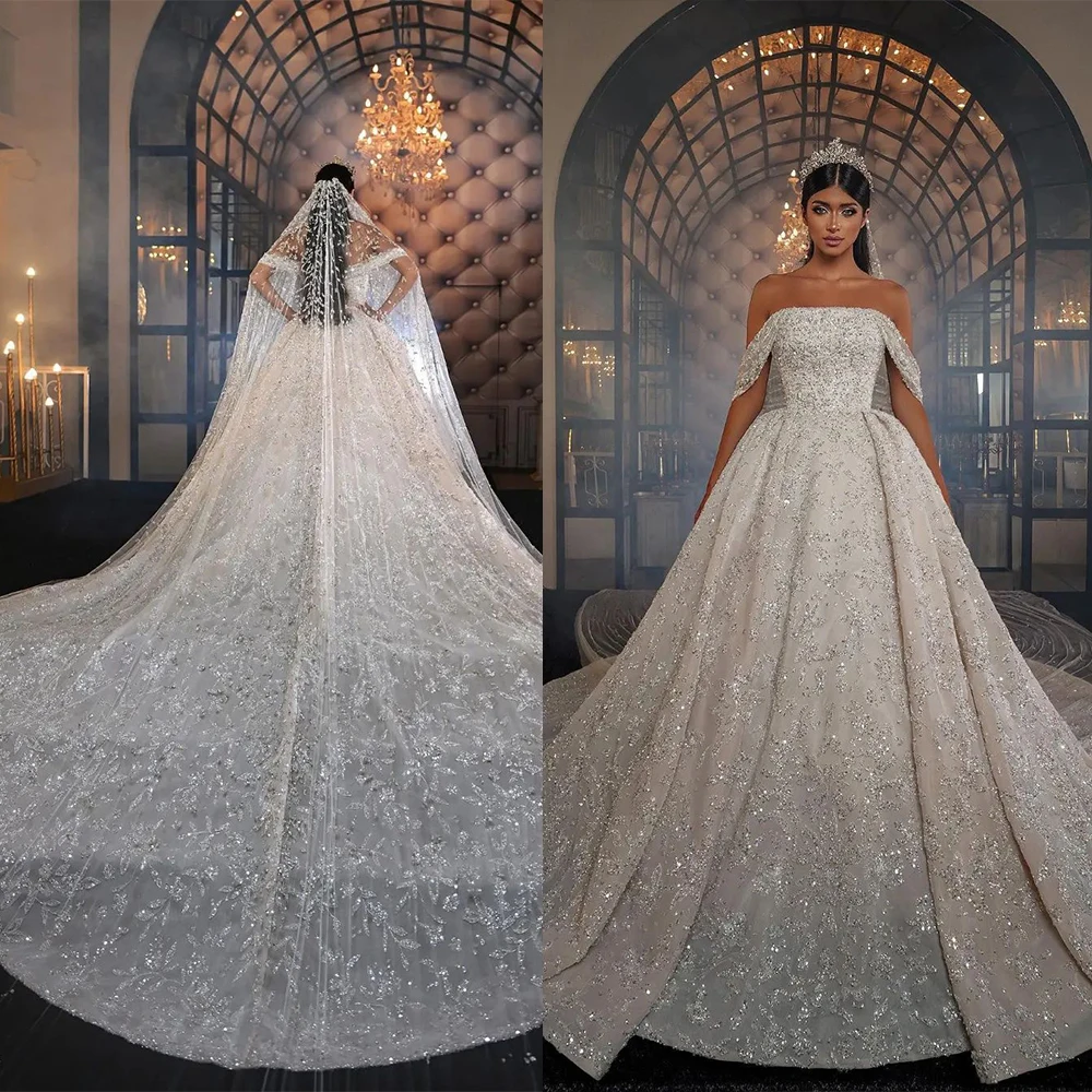 

Gorgeous Court A-Line Wedding Dresses Off The Shoulder Sequins Brush Train Ball Gown Applique Bridal Gowns Excluding The Veil