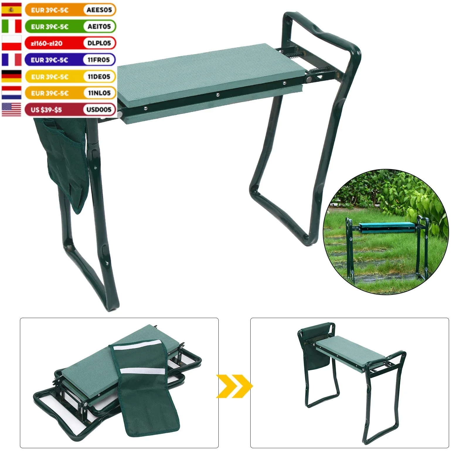 Portable Folding Garden Kneeler Bench Kneeling Soft Eva Pad Seat With Stool Pouch 150KG