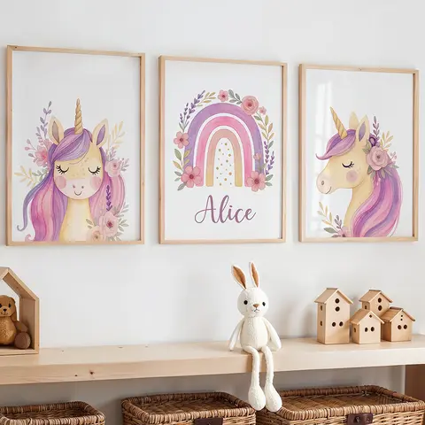 Bilashmart Custom Name Purple Unicorn Nursery Prints Poster Girls Bedroom Decor Wall Art Rainbow Unicorn Print Decor Birthday Gift Poster