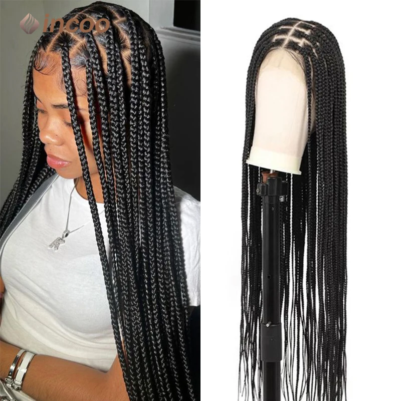 Synthetische Gevlochten Pruiken Knooploze Box Vlecht Pruik Full Lace Front 36 "Lange Cornrow Vlechten Kant Pruiken Haar Pruik Voor Zwarte Vrouwen Incoo