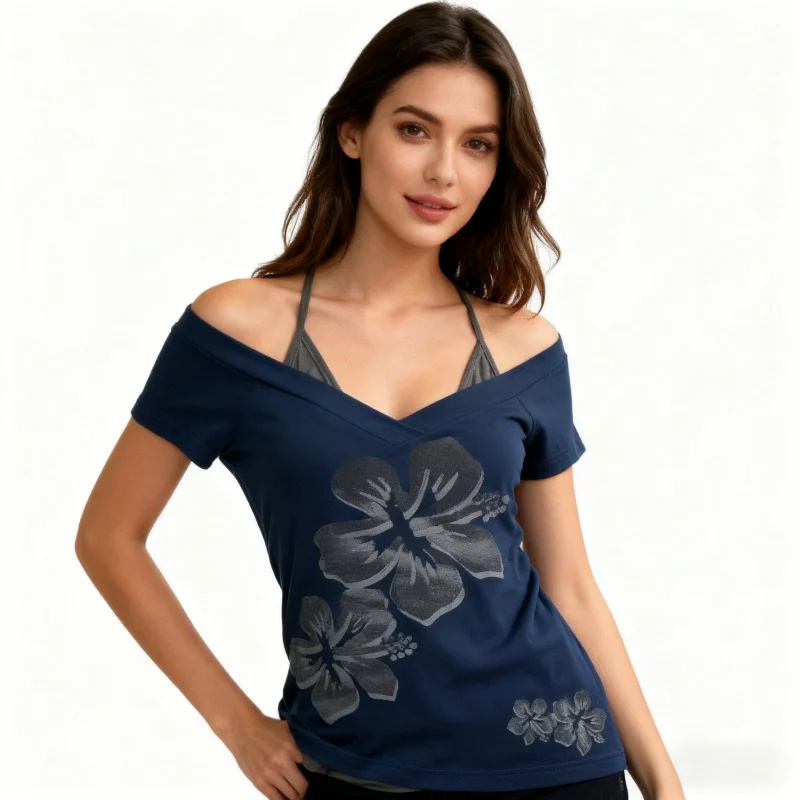 

Women Punk Hottie T-shirts Slim Two Pieces Crop Tops Vintage Harajuku Causal Black Tshirts Y2k Aesthetic Flower Print Chic Tees