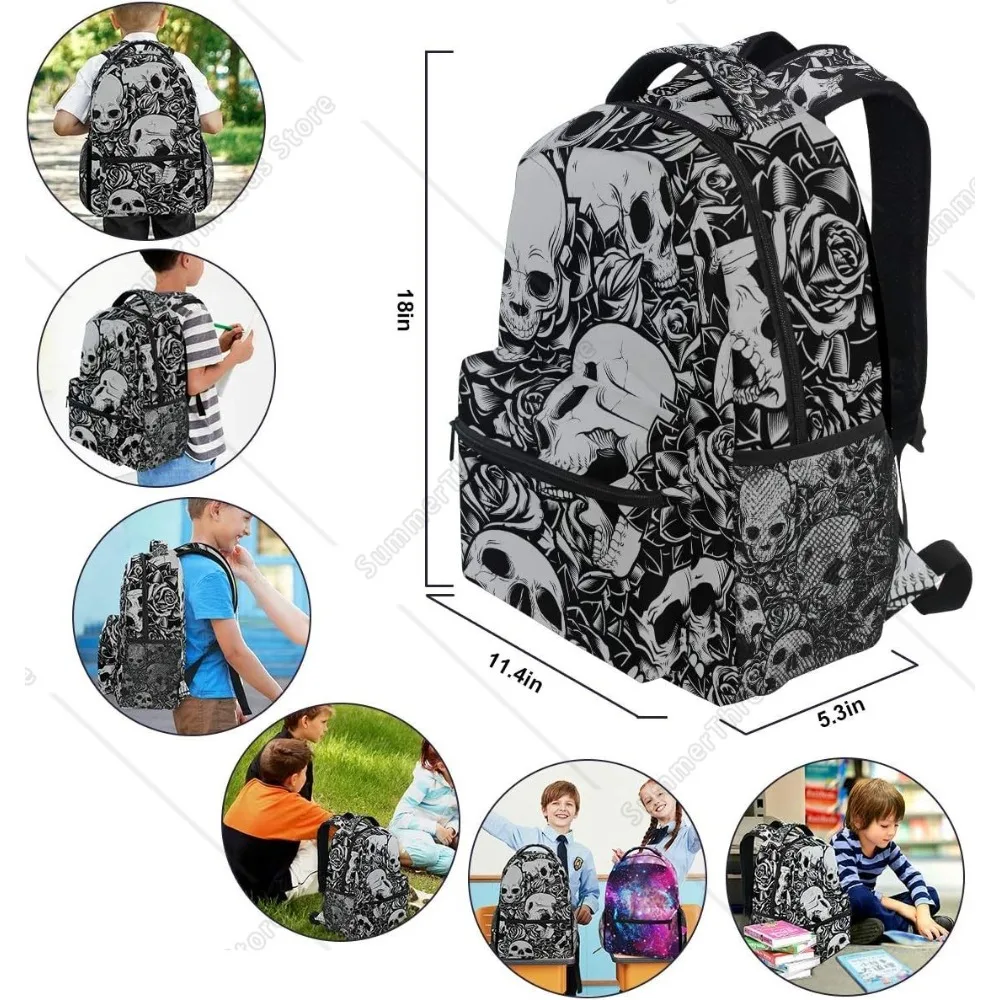 Floral Flower Sugar Skull Black and White Boys Girls School Computer Backpacks Book Bag Travel Hiking Camping Daypack