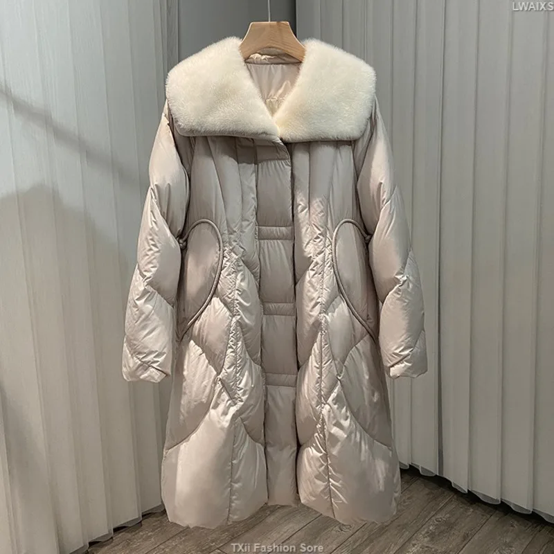 Luxury Slim Long Down Parkas Women Real Mink Fur Collar Hooded Coats Winter Thick Warm White Goose Down Jackets Lady Outerwear