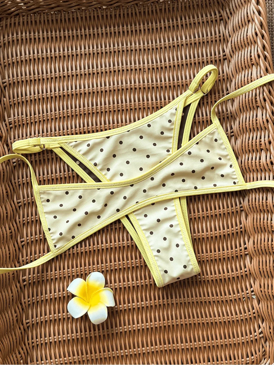 Women Brown Polka Dot Bikini Set Reversible Cross Wrap Top With Contrast Yellow Trim and Adjustable Straps 2 Piece Swimsuit