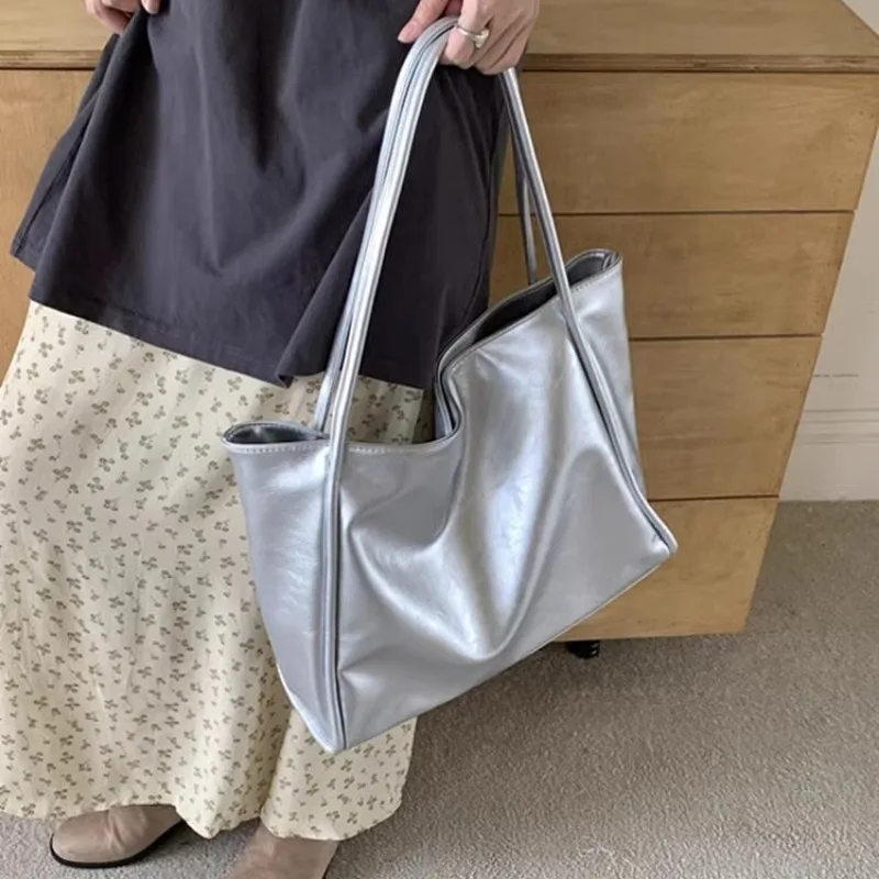 Xiuya Silver Fashion Womens Tote Bag Leather Summer Solid Color Casual Vintage Shoulder Bag Exquisite Harajuku Female Handbag