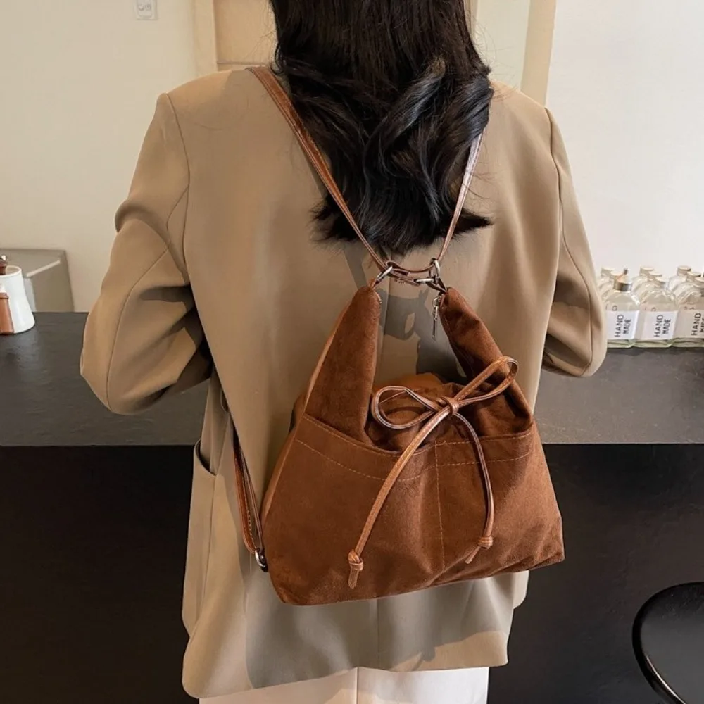 

Fashion Large Capacity Bow Backpack Korean Style Solid Color Suede Shoulder Bag Handbag Multipurpose Shoulder Tote Bag Travel