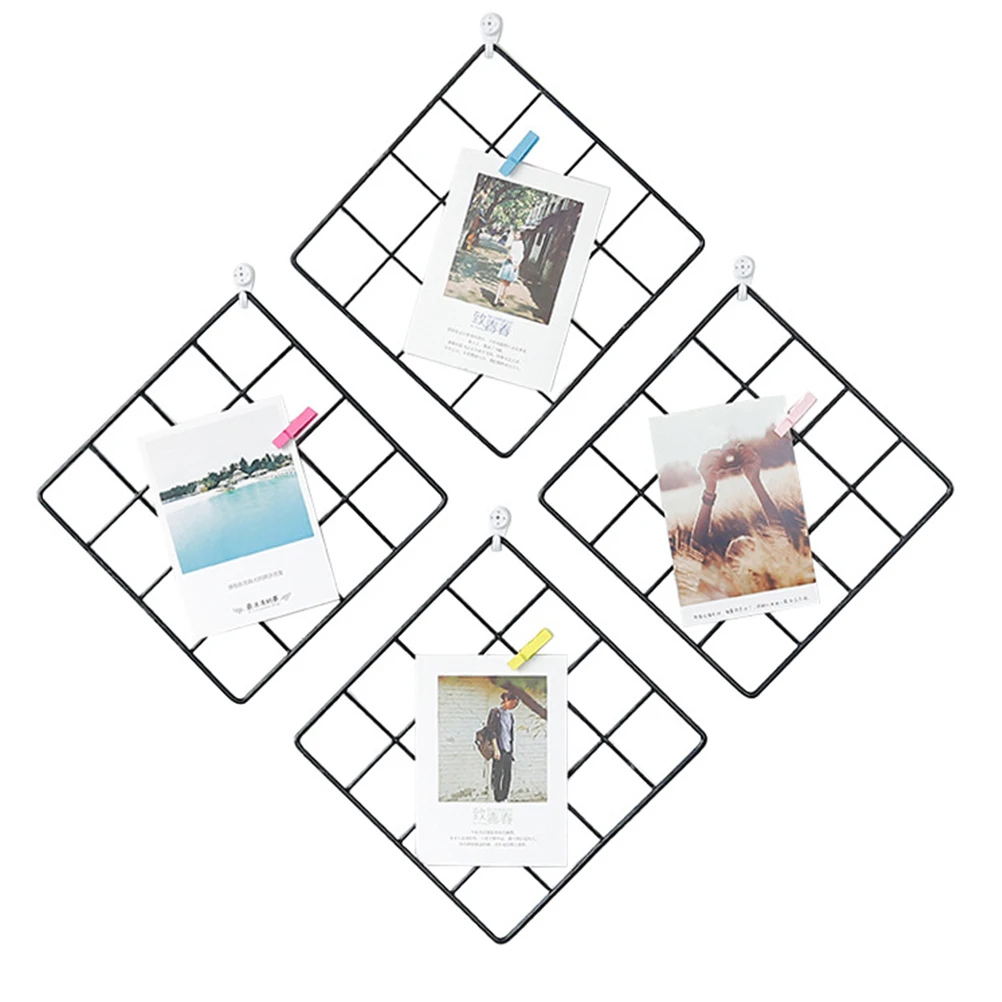 

4 Pcs Wrought Iron Decorative Frame Photo Wall Wire Grid Panel Hanging Display Decoration Holders Home Picture Rack Square
