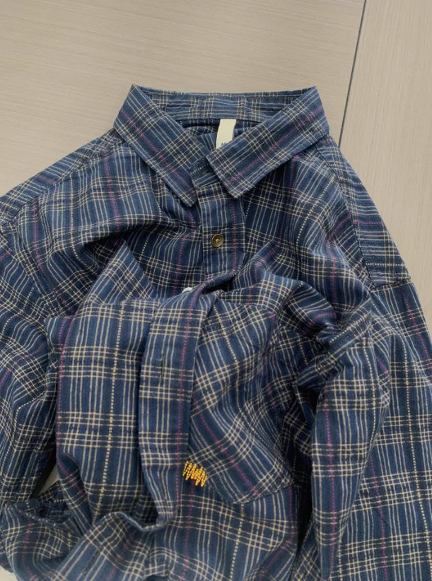 Japanese Retro Fine Plaid Lapel Long-sleeved Shirt 2025 Spring Comfortable and Handsome Casual Loose Shirt Jacket Tide