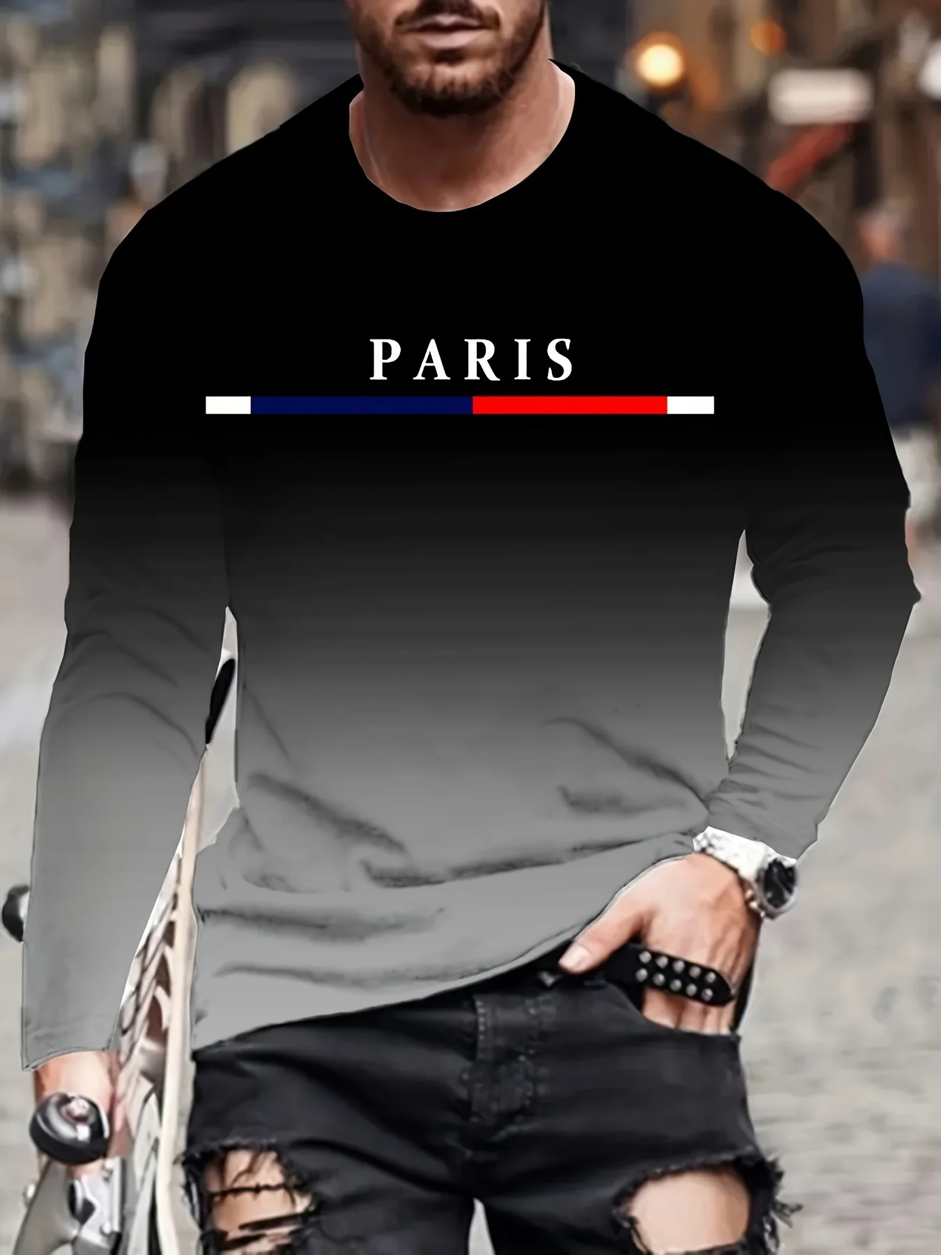 Men Gradient Paris Graphic Print T-shirt, Casual Long-sleeved Round Neck T-shirt, Men's Outdoor Clothing Spring And Autumn Wear