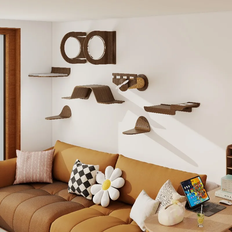 

Настенные полки для кошек из черного ореха: компактная угловая модульная система для лазания, минималистичная мебель для кошек