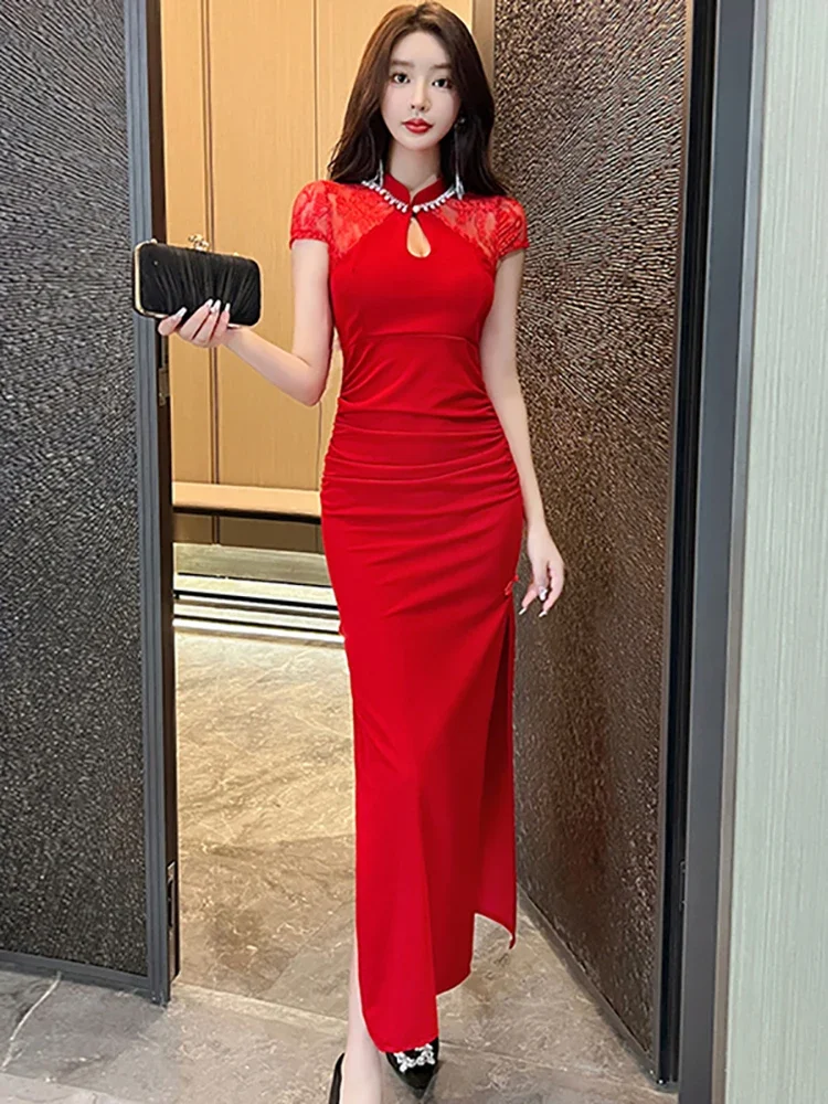 Women Red Patchwork Lace Hollow Out Sexy Long Dress Summer Elegant Luxury Festival Dress 2024 Korean Fashion International Dress