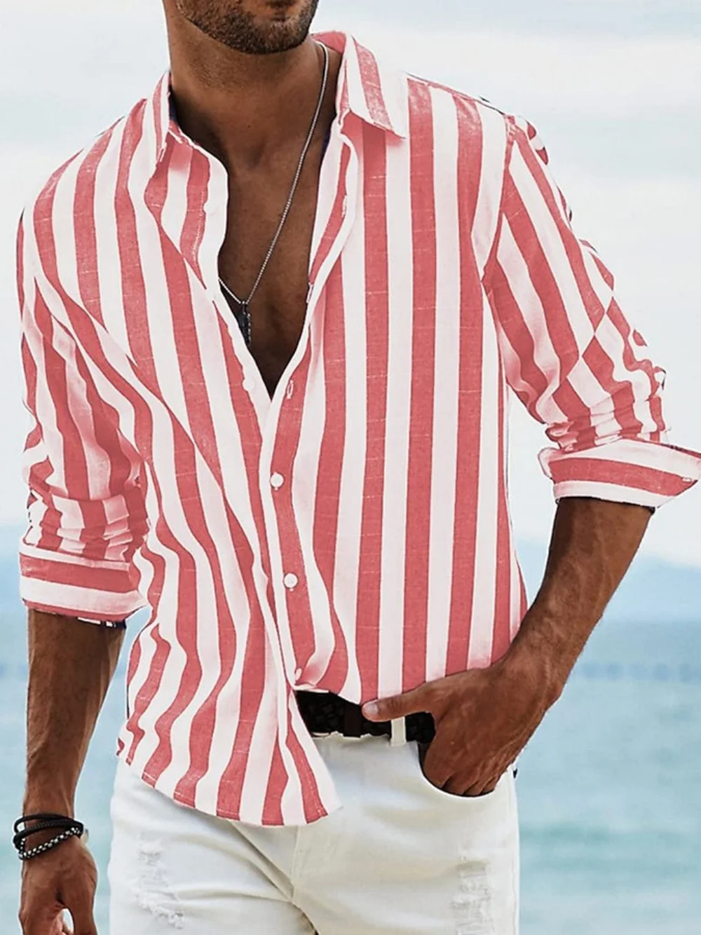 Men\'s Cardigan Shirt Cotton And Linen Striped Beach Holiday Lapel Casual Loose Breathable Comfortable Long-Sleeved Tops