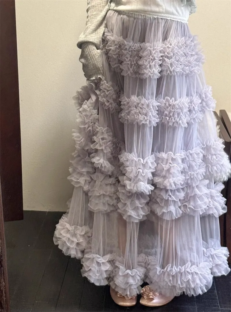 2025 Nieuwe Niche Fee Sfeer Lange Koreaanse Stijl Mesh Patchwork Gelaagde Taart Halve Rok voor Vrouwen Stapelen Damesmode