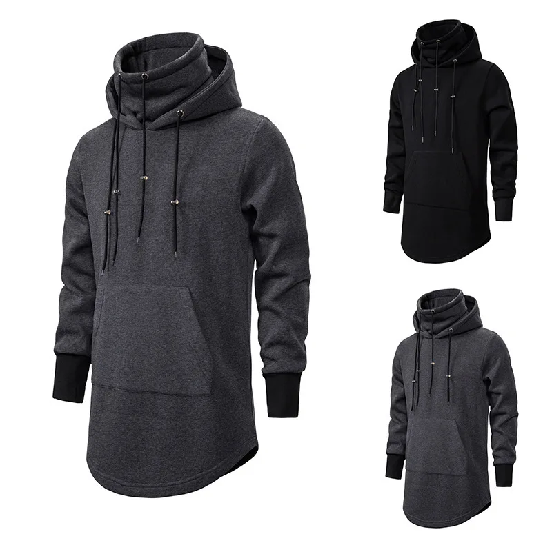 2022 New Men Slim Long section High collar Hooded Sweatshirt Man Extend Curved hem Solid black Cotton Casual Pullover Hoodies