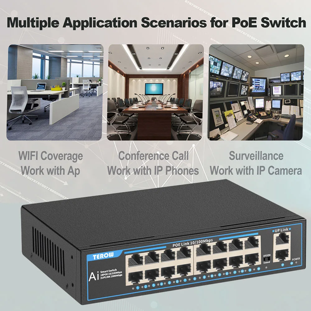 TEROW POE Fast Ethernet Switch 16 Ports 100Mbps POE+2 Ports 1000Mbps Uplink 250W 52V Built-in Power For IP Camera