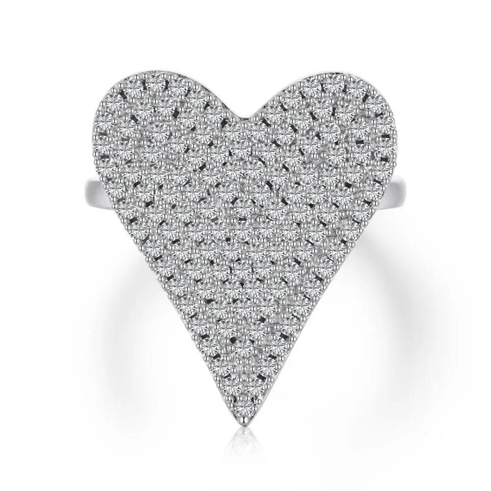 

2022 Hip Hop Bling Full Eternity Silver Ring Iced Out Micro Exaggerated Heart Shape Eternity Band Ring Women Jewelry