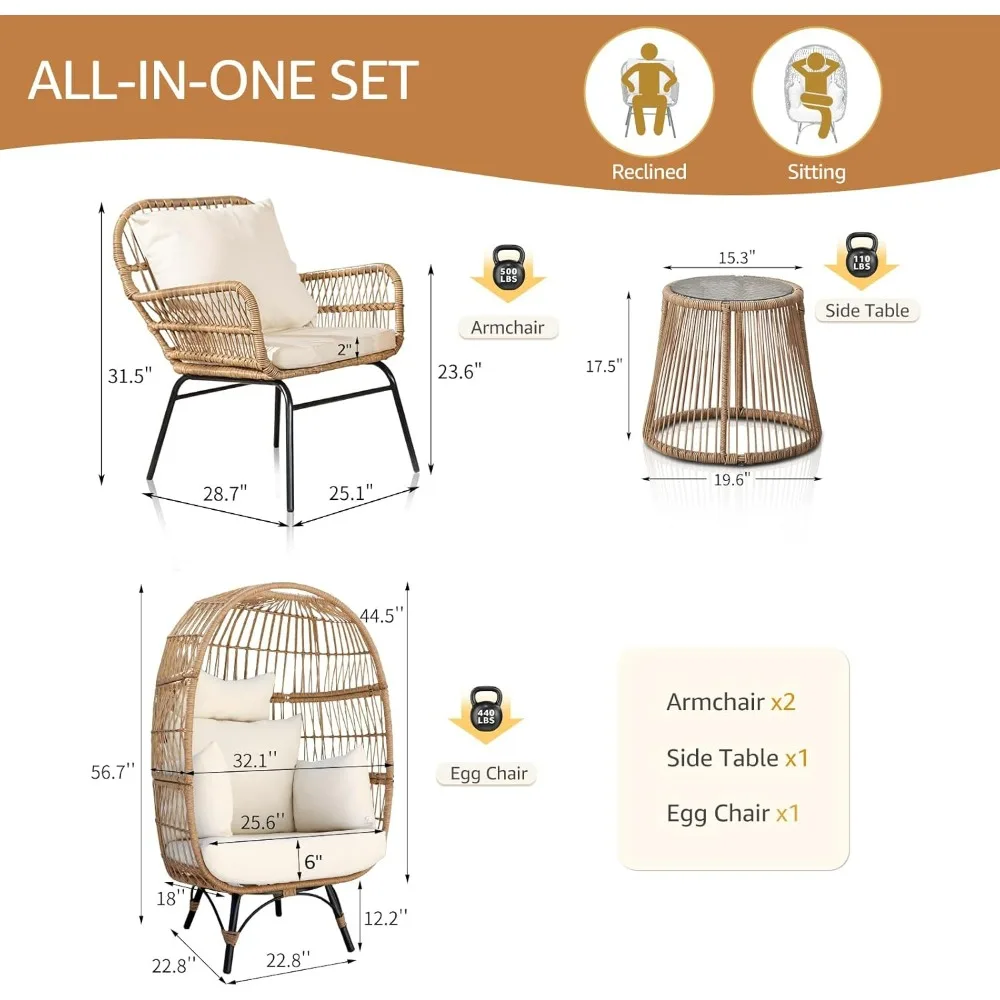 ® 4 Pcs Boho Outdoor Bistro Set With Egg Chair, 500lbs Heavy Duty Seating With Round Table, All Weather Wicker Patio Fur