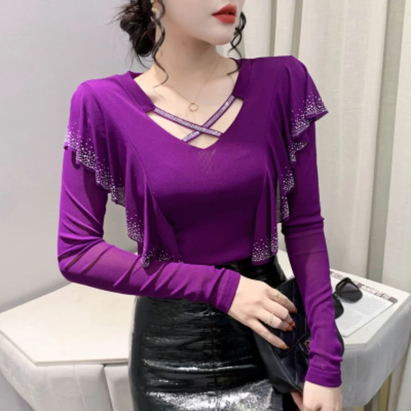 

High-end Luxury Hot Diamonds T-Shirt New Autumn Sexy Hollow Out Long Sleeved Women's Splicing Ruffle Mesh Top Elegant Slim Tees