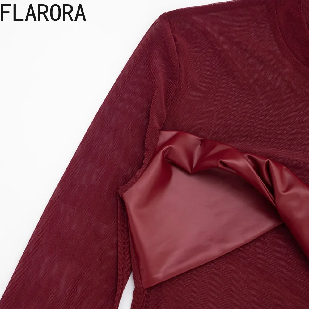 FLARORA Sexy Pu Leather Nodo Patchwork Body Donna Girocollo Manica lunga Maglia Vedere attraverso Tute Party Clubwear Body