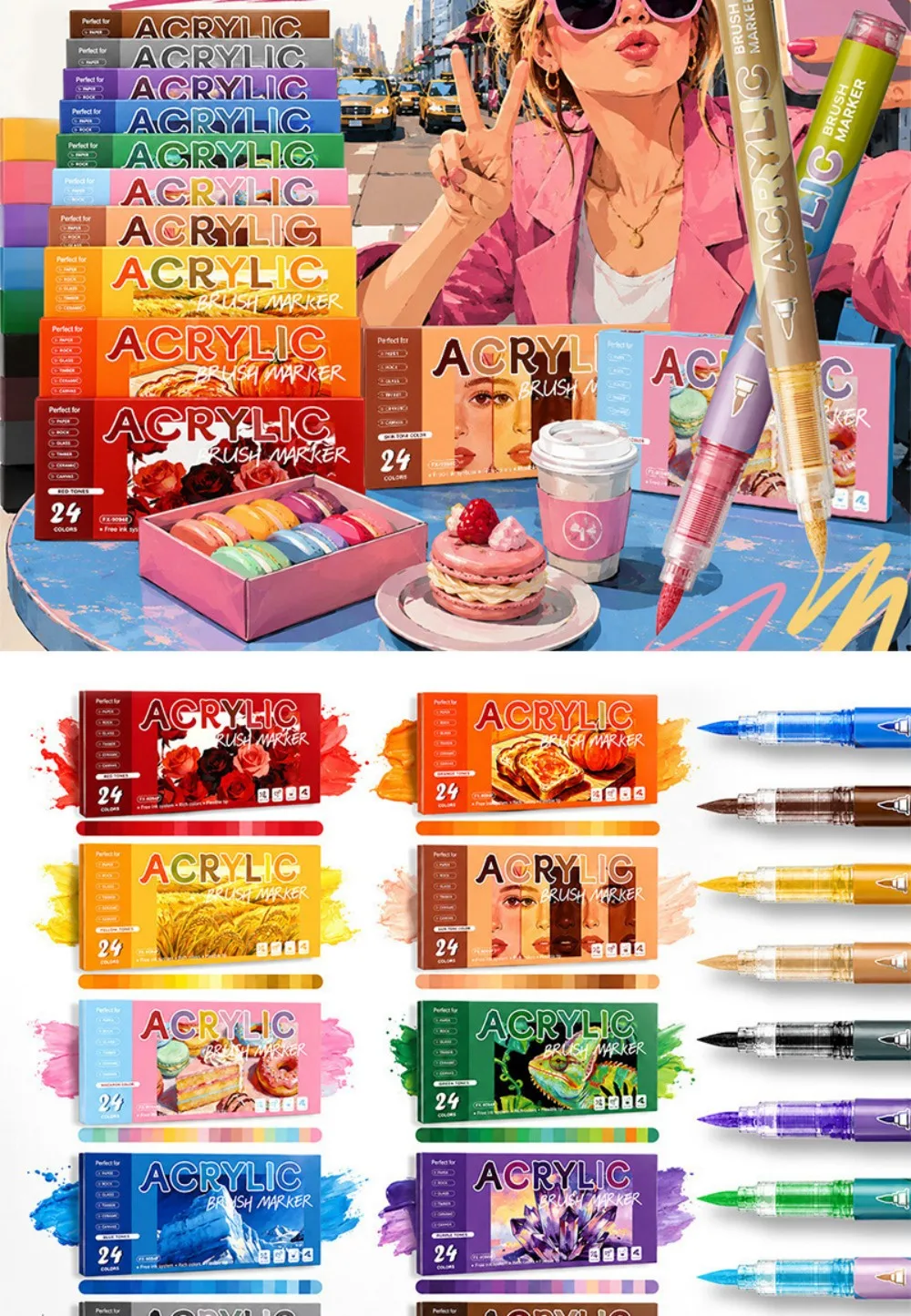Set mit 12 oder 24 Acryl-Marker-Stiften (Pinselspitze) – geeignet für Stein, Glas, Holz, Keramik, Leinwand, Luftballons, Papier und DIY-Bastelprojekte – Detail 4