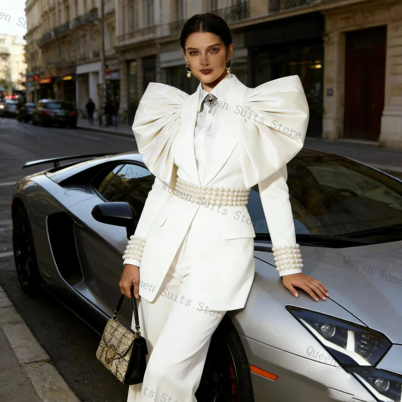 

White Women Suit Set 2 Pcs Blazer Pants Puffy Shoulder Cotton Outfit Prom Formal Office Lady Jacket Wedding Coat Customized