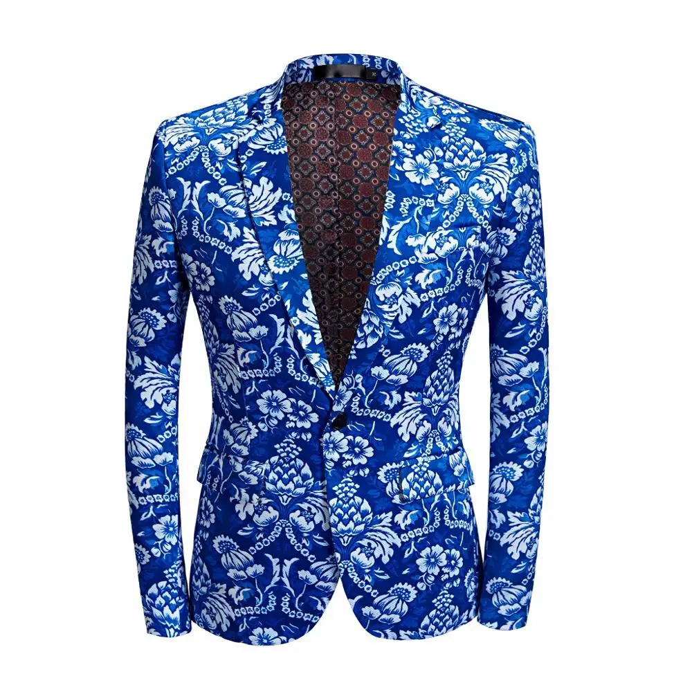 

Tide Men Plus Size Court Blue Floral Print Fashion Casual Suits Latest Coat Pant Designs Wedding Groom Stage Costume homme