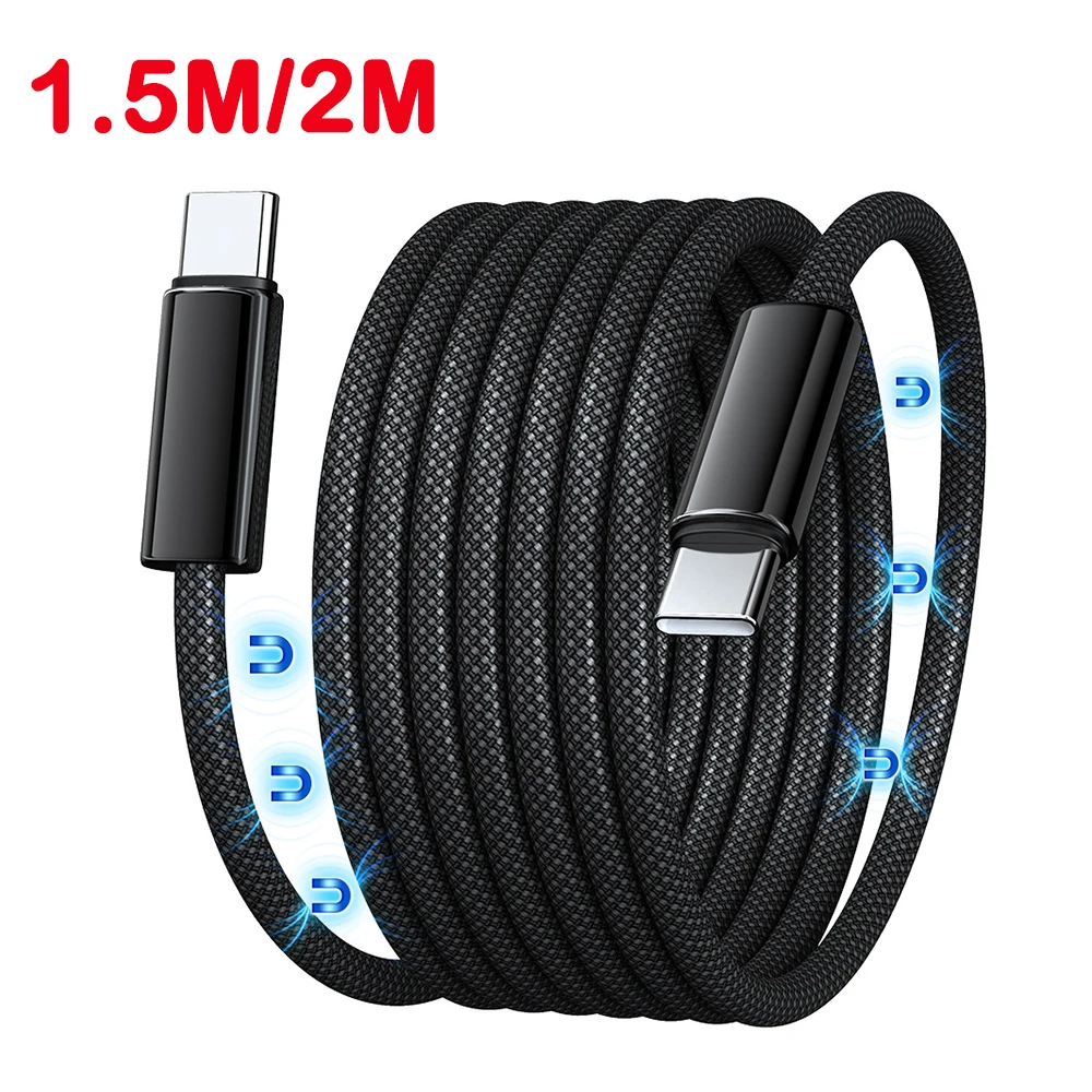 1.5M/2M 100W PD Fast Charging Cable Magnetic Suction Anti Winding USB C to USB Type C QC 4.0 Cord for iPhone 15 MacBook Huawei