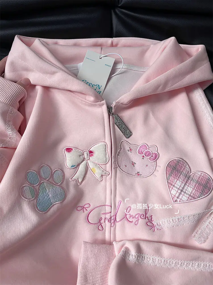 Sweet And Cute Hello Kitty Hooded Zipper Coat For Women Y2k Embroided Student Trendy Thick Jackets Clothes