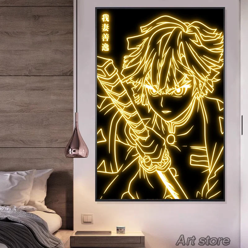 Neon Effect Japan Anime Demon Slayer Canvas Painting Tanjiro Nezuko Character Posters Wall Art Print Pictures for Room Decor