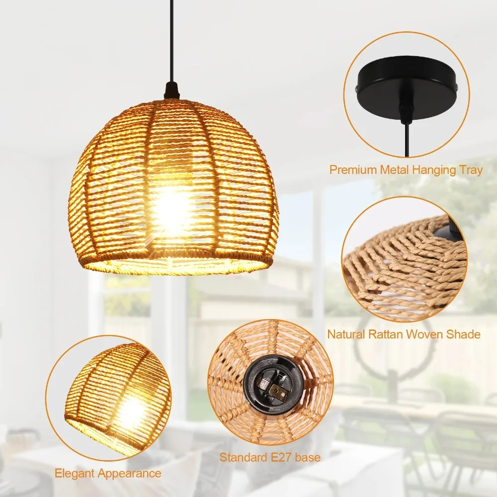 

JOYINLED Vintage Paper Rope Pendant Light Shade E27 Chandelier Rattan Ceiling Light Fixture Retro Ceiling Lamp 20cm Lamp Cover