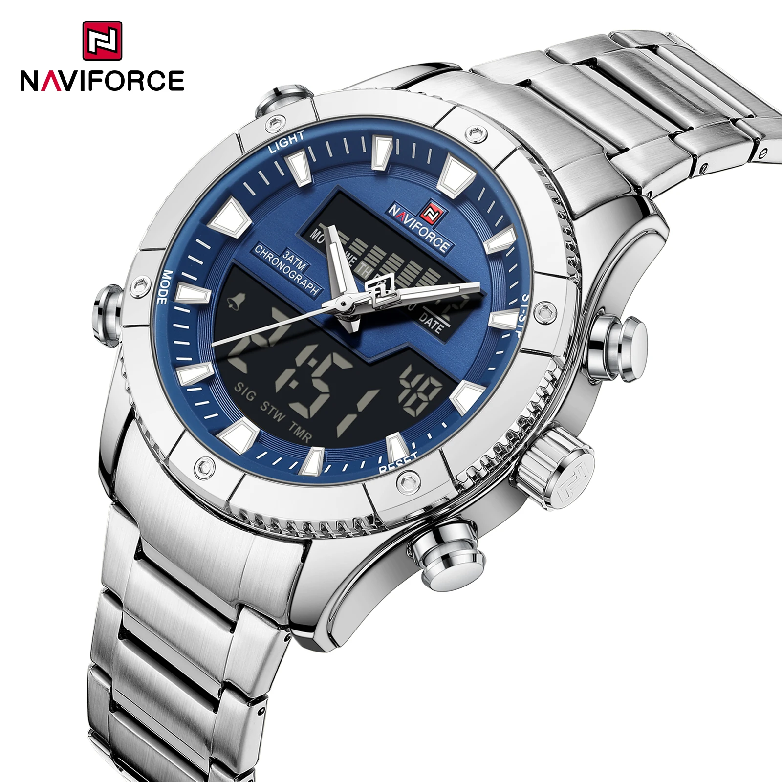 

NAVIFORCE Men's Fashion Stainless Steel Watch Water Resistant Dual Display Time Multi-Function Countdown Sport Alarm Mode Clock