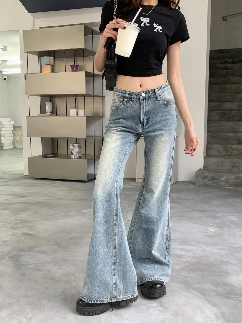 

Slergiri New women jeans low-rise denim flared pants y2k vintage streetwear casual washed mom jeans trousers spring summer 2024