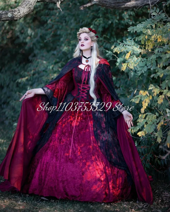 Burgundy Gothic Vintage Prom Gowns Romantic Rococo Lace Applique Pom Pom Velvet Tie Tulle Ruffled Masquerade Gowns