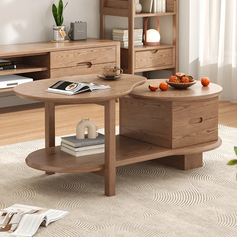 All solid wood coffee table Nordic small apartment household size round tea table ash wood designer storage tea table