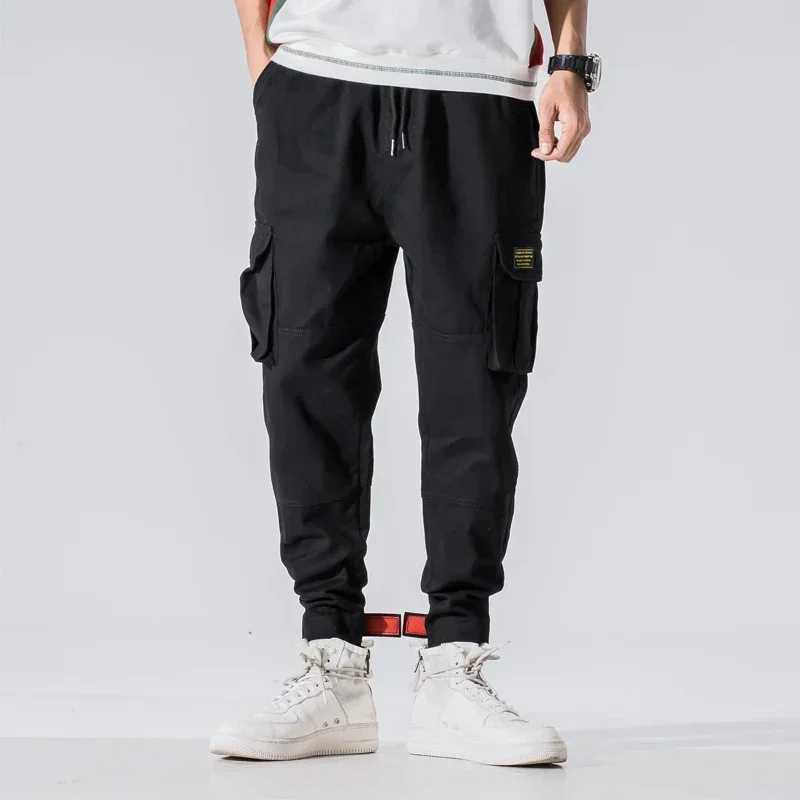 ผ้าฝ้ายผู้ชายหลายกระเป๋า Elastic เอว Harem กางเกง Street Punk Hip Hop สีแดงสบายๆกางเกง Joggers ชาย Army Cargo กางเกง