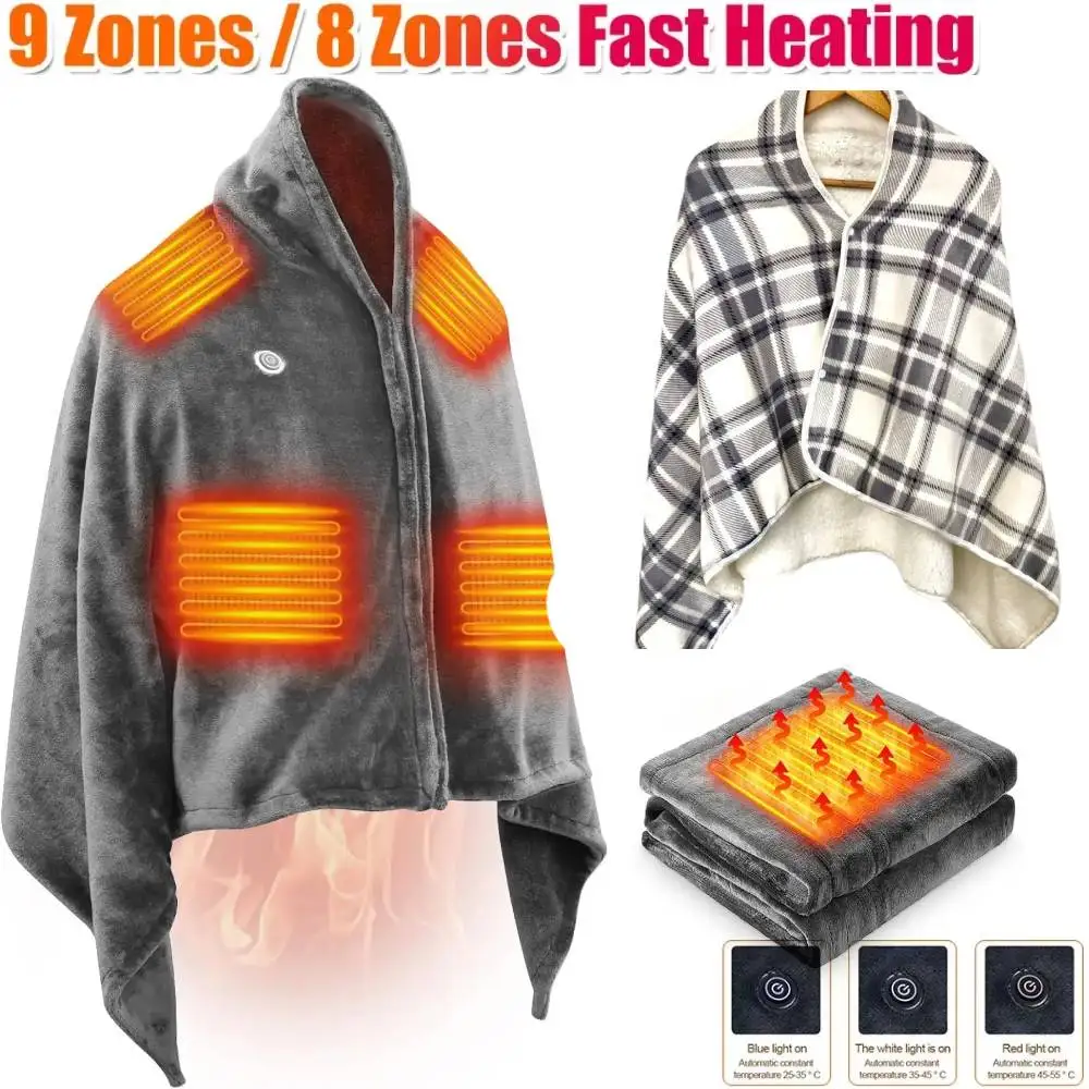 

USB Heated Throw Blanket Shawl with 3 Heating Levels Coral Velvet 9 Heated Areas for Neck Shoulder Chest Abdomen Warm in Autumn