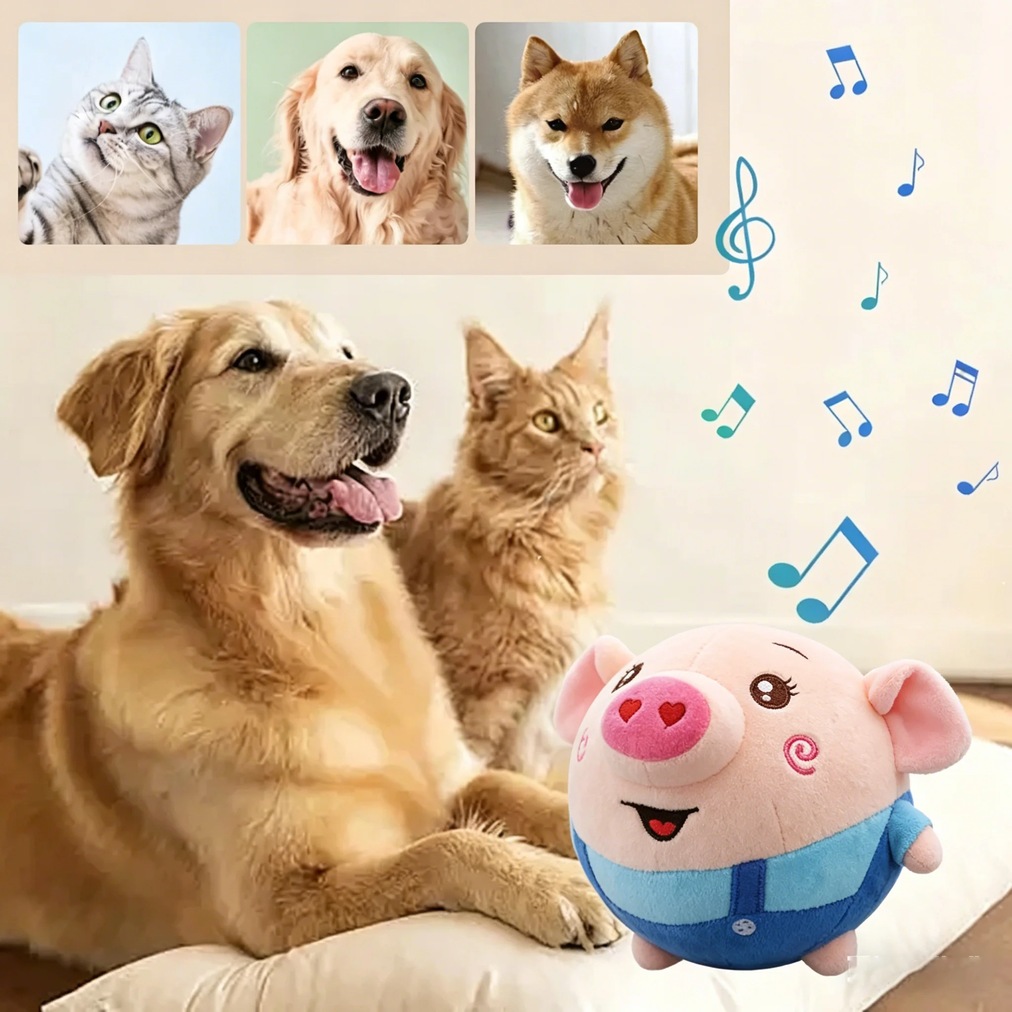 USB Rechargeable Plush Pet Toy Music Vibration Bouncing Jump Ball Interactive Cartoon Pig Dog Chew Toy
