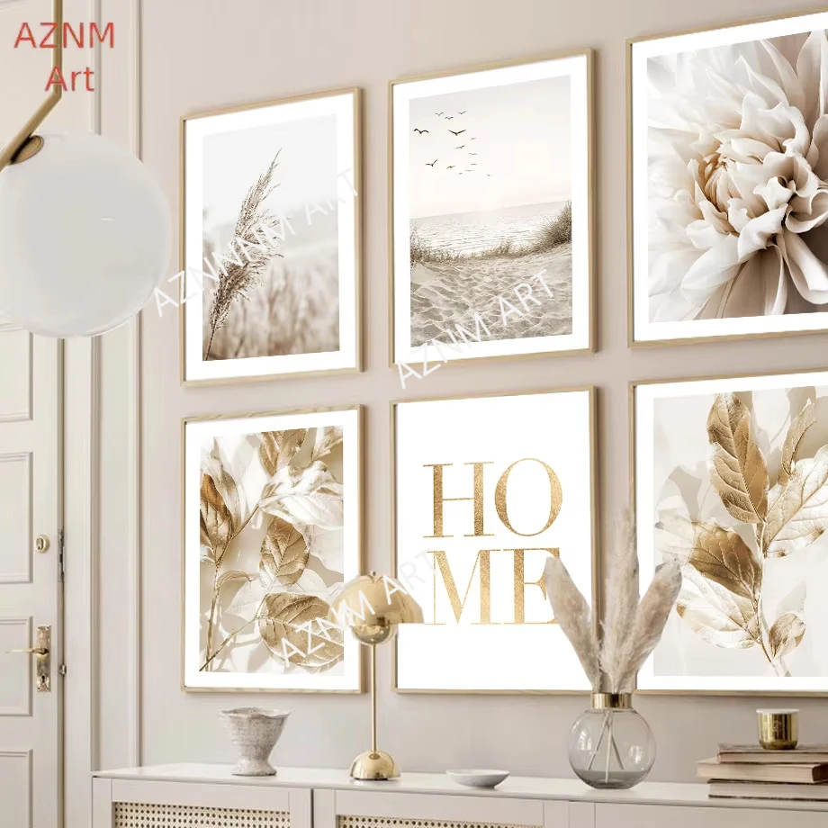 1/6 stücke Weiße Dahlie Vögel Strand Beige Schilf Eukalyptus Gold Blätter Wand Kunstdruck Leinwand Malerei Nordic Wohnzimmer wohnkultur